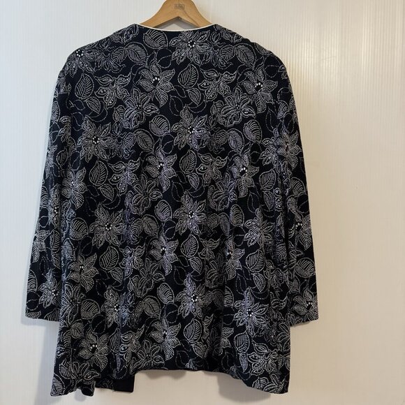 VTG Alex Evenings 2 Piece Set 2X Black White Lignt Blue Floral Sparkle JacketTop - Picture 3 of 16